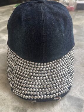 Men's Dark Denim Baseball Cap with Silver Crystal Studded Brim